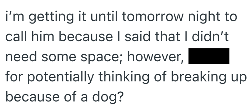 i'm getting it until tomorrow night to call him because I said that I didn't need some space; however, for potentially thinking of breaking up because of a dog?