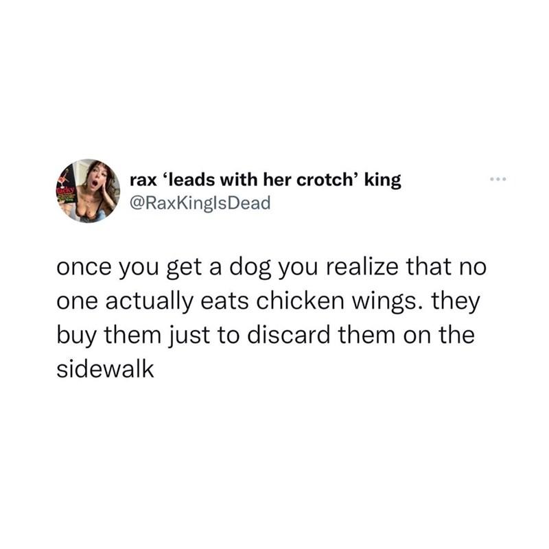 rax 'leads with her crotch' king @RaxKinglsDead once you get a dog you realize that no one actually eats chicken wings. they buy them just to discard them on the sidewalk 600