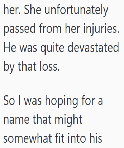 her. She unfortunately passed from her injuries. He was quite devastated by that loss. So I was hoping for a name that might somewhat fit into his