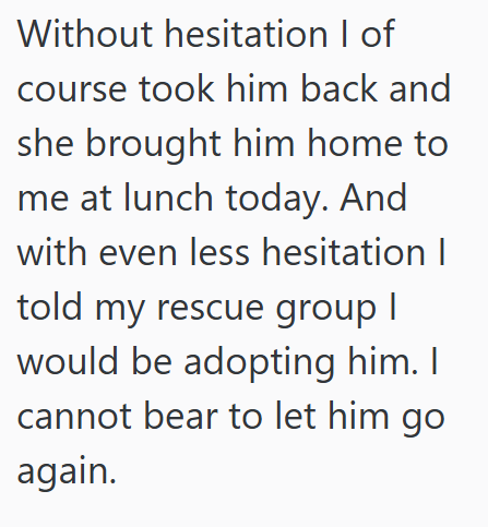 Without hesitation I of course took him back and she brought him home to me at lunch today. And with even less hesitation | told my rescue group I would be adopting him. I cannot bear to let him go again.