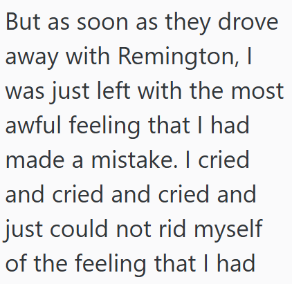 But as soon as they drove away with Remington, I was just left with the most awful feeling that I had made a mistake. I cried and cried and cried and just could not rid myself of the feeling that I had