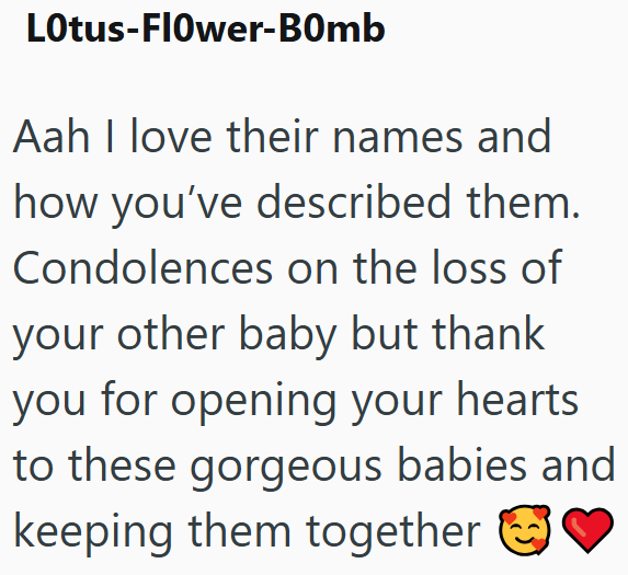 Lotus-Flower-Bomb Aah I love their names and how you've described them. Condolences on the loss of your other baby but thank you for opening your hearts to these gorgeous babies and keeping them together ③