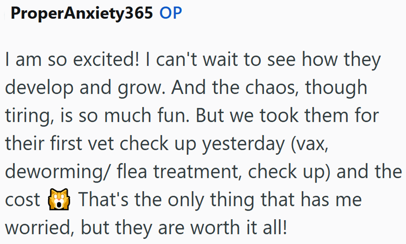 ProperAnxiety365 OP I am so excited! I can't wait to see how they develop and grow. And the chaos, though tiring, is so much fun. But we took them for their first vet check up yesterday (vax, deworming/ flea treatment, check up) and the cost ☑That's the only thing that has me worried, but they are worth it all!