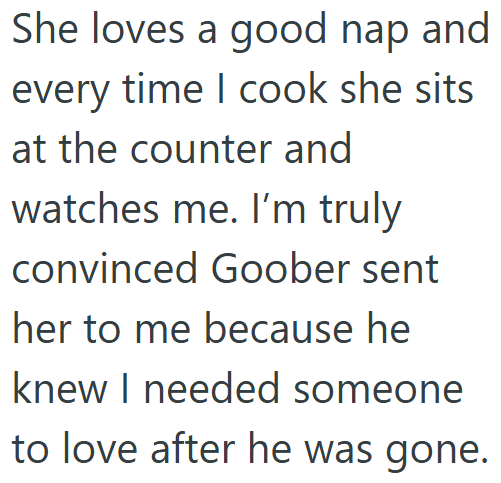 She loves a good nap and every time I cook she sits at the counter and watches me. I'm truly convinced Goober sent her to me because he knew I needed someone to love after he was gone.
