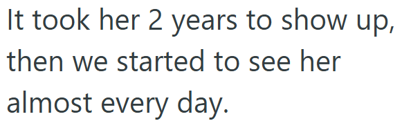 It took her 2 years to show up, then we started to see her almost every day.