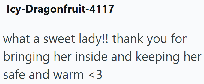 Icy-Dragonfruit-4117 what a sweet lady!! thank you for bringing her inside and keeping her safe and warm <3