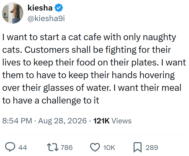 kiesha @kiesha9i I want to start a cat cafe with only naughty cats. Customers shall be fighting for their lives to keep their food on their plates. I want them to have to keep their hands hovering over their glasses of water. I want their meal to have a challenge to it 8:54 PM. Aug 28, 2026 121K Views 44 17786 10K 289