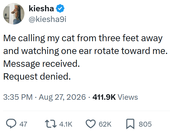 kiesha @kiesha9i Me calling my cat from three feet away and watching one ear rotate toward me. Message received. Request denied. 3:35 PM - Aug 27, 2026 411.9K Views 47 4.1K 62K ☐ 805