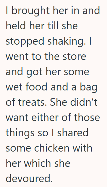 I brought her in and held her till she stopped shaking. I went to the store and got her some wet food and a bag of treats. She didn't want either of those things so I shared some chicken with her which she devoured.