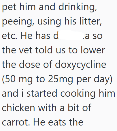 pet him and drinking, peeing, using his litter, etc. He has d a so the vet told us to lower the dose of doxycycline (50 mg to 25mg per day) and i started cooking him chicken with a bit of carrot. He eats the