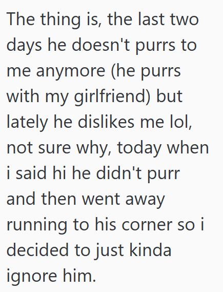 The thing is, the last two days he doesn't purrs to me anymore (he purrs with my girlfriend) but lately he dislikes me lol, not sure why, today when i said hi he didn't purr and then went away running to his corner so i decided to just kinda ignore him.