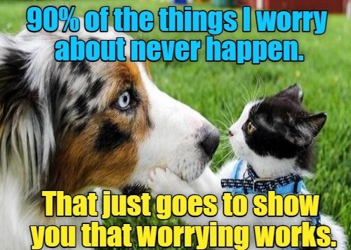90% of the things I worry about never happen. 0 That just goes to show you that worrying works.