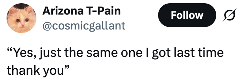 Arizona T-Pain @cosmicgallant Follow "Yes, just the same one I got last time thank you"