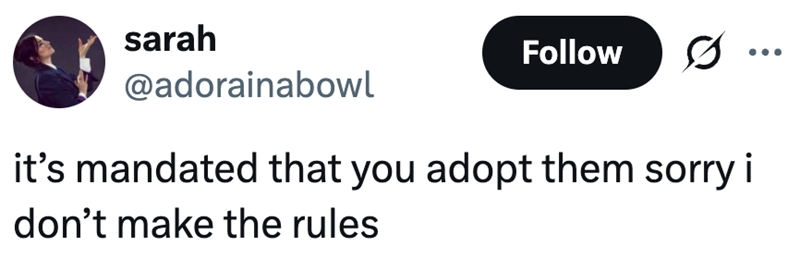 sarah Follow 0 @adorainabowl it's mandated that you adopt them sorry i don't make the rules