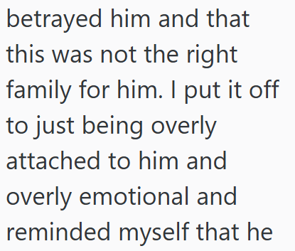 betrayed him and that this was not the right family for him. I put it off to just being overly attached to him and overly emotional and reminded myself that he