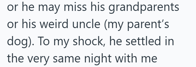 or he may miss his grandparents or his weird uncle (my parent's dog). To my shock, he settled in the very same night with me