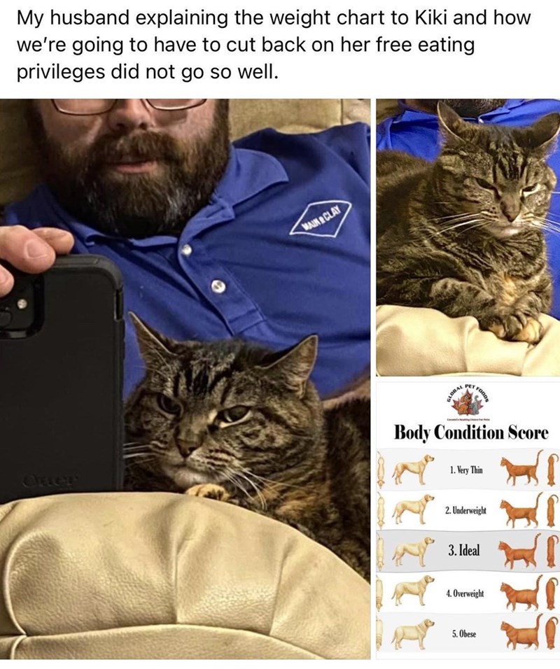 My husband explaining the weight chart to Kiki and how we're going to have to cut back on her free eating privileges did not go so well. MAIN CLAY GLOBAL PETA FOODS Otter Body Condition Score 1. Very Thin 111111 2. Underweight 3. Ideal 4. Overweight 5. Obese