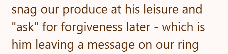 snag our produce at his leisure and "ask" for forgiveness later - which is him leaving a message on our ring