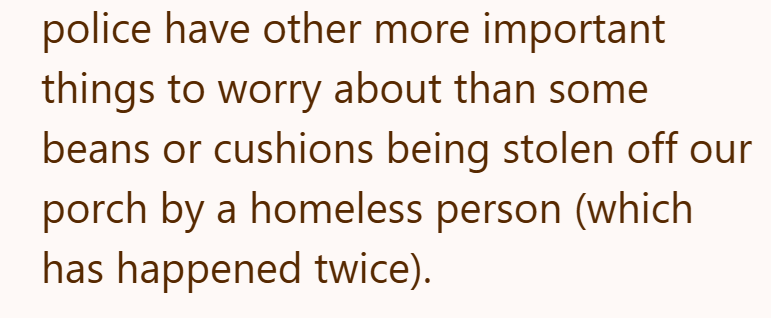 police have other more important things to worry about than some beans or cushions being stolen off our porch by a homeless person (which has happened twice).