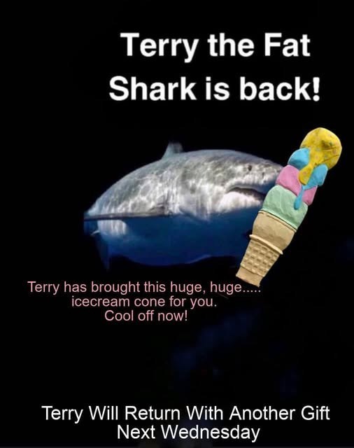 Terry the Fat Shark is back! Terry has brought this huge, huge..... icecream cone for you. Cool off now! Terry Will Return With Another Gift Next Wednesday
