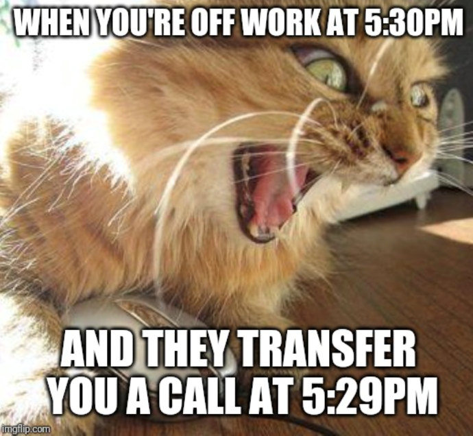 WHEN YOU'RE OFF WORK AT 5:30PM imgflip.com AND THEY TRANSFER YOU A CALL AT 5:29PM