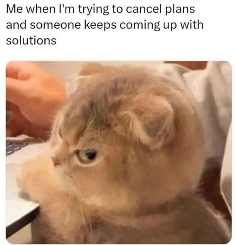 Me when I'm trying to cancel plans and someone keeps coming up with solutions