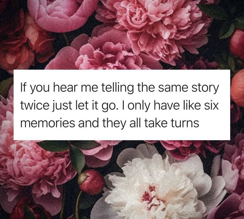 If you hear me telling the same story twice just let it go. I only have like six memories and they all take turns