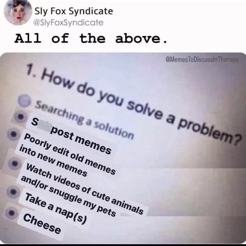 Sly Fox Syndicate @SlyFoxSyndicate All of the above. @Memes ToDiscussin Therapy 1. How do you solve a problem? Searching a solution Shitpost memes Poorly edit old memes into new memes Watch videos of cute animals and/or snuggle my pets Take a nap(s) Cheese