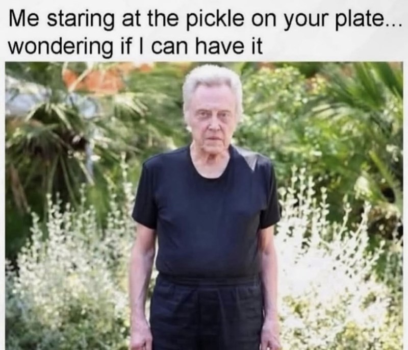 Me staring at the pickle on your plate... wondering if I can have it