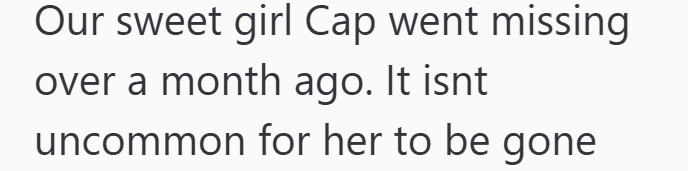 Our sweet girl Cap went missing over a month ago. It isnt uncommon for her to be gone