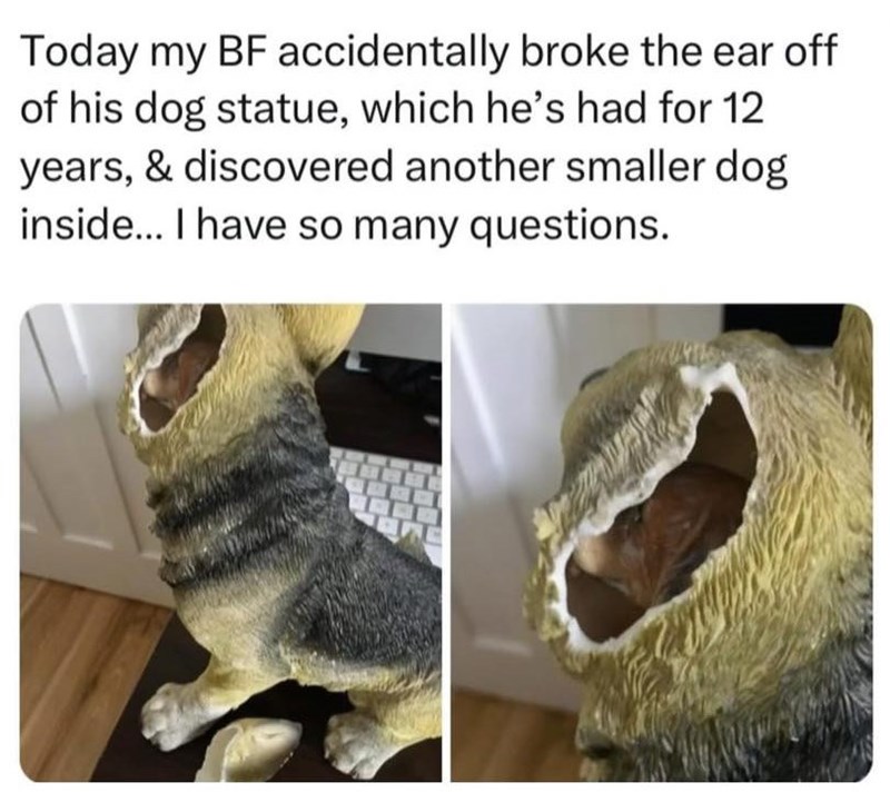 Today my BF accidentally broke the ear off of his dog statue, which he's had for 12 years, & discovered another smaller dog inside... I have so many questions.