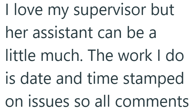 I love my supervisor but her assistant can be a little much. The work I do is date and time stamped on issues so all comments
