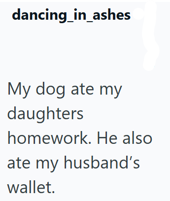 dancing_in_ashes My dog ate my daughters homework. He also ate my husband's wallet.