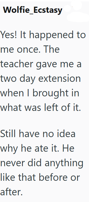 Wolfie_Ecstasy Yes! It happened to me once. The teacher gave me a two day extension when I brought in what was left of it. Still have no idea why he ate it. He never did anything like that before or after.
