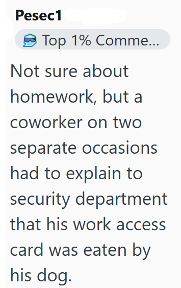Pesec1 Top 1% Comme... Not sure about homework, but a coworker on two separate occasions had to explain to security department that his work access card was eaten by his dog.