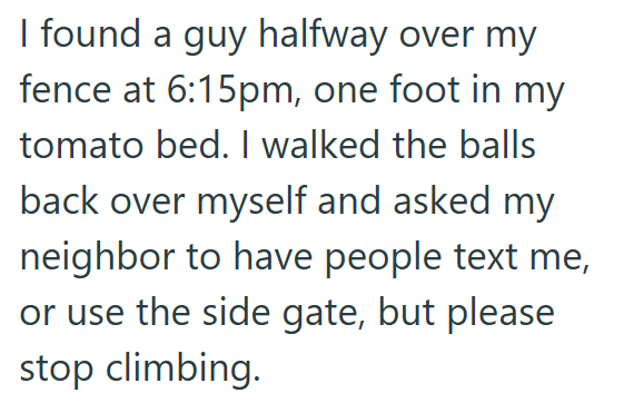 I found a guy halfway over my fence at 6:15pm, one foot in my tomato bed. I walked the balls back over myself and asked my neighbor to have people text me, or use the side gate, but please stop climbing.