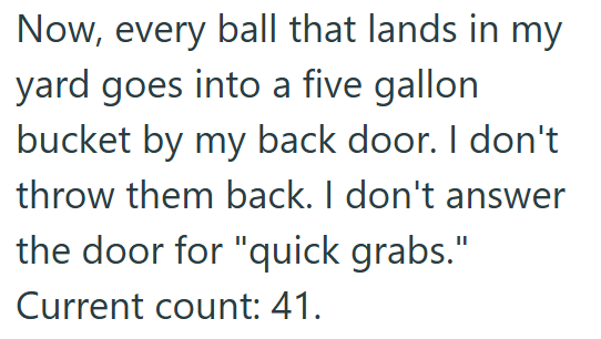 Now, every ball that lands in my yard goes into a five gallon bucket by my back door. I don't throw them back. I don't answer the door for "quick grabs." Current count: 41.