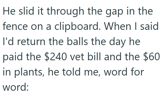 He slid it through the gap in the fence on a clipboard. When I said I'd return the balls the day he paid the $240 vet bill and the $60 in plants, he told me, word for word: