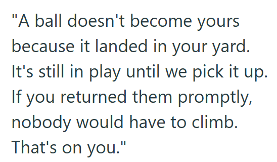"A ball doesn't become yours because it landed in your yard. It's still in play until we pick it up. If you returned them promptly, nobody would have to climb. That's on you."