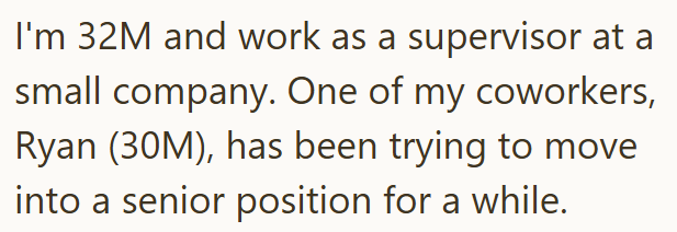 I'm 32M and work as a supervisor at a small company. One of my coworkers, Ryan (30M), has been trying to move into a senior position for a while.