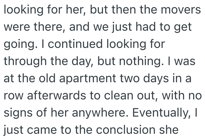 looking for her, but then the movers were there, and we just had to get going. I continued looking for through the day, but nothing. I was at the old apartment two days in a row afterwards to clean out, with no signs of her anywhere. Eventually, I just came to the conclusion she