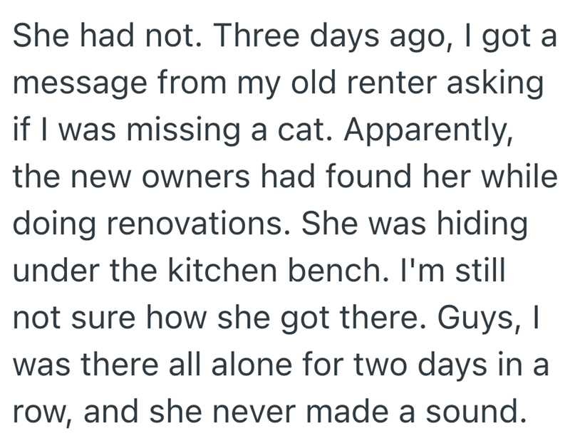 She had not. Three days ago, I got a message from my old renter asking if I was missing a cat. Apparently, the new owners had found her while doing renovations. She was hiding under the kitchen bench. I'm still not sure how she got there. Guys, I was there all alone for two days in a row, and she never made a sound.