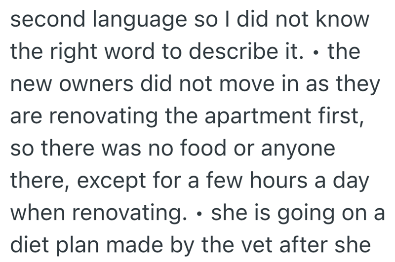 second language so I did not know the right word to describe it. . the new owners did not move in as they are renovating the apartment first, so there was no food or anyone there, except for a few hours a day . when renovating. ⚫ she is going on a diet plan made by the vet after she