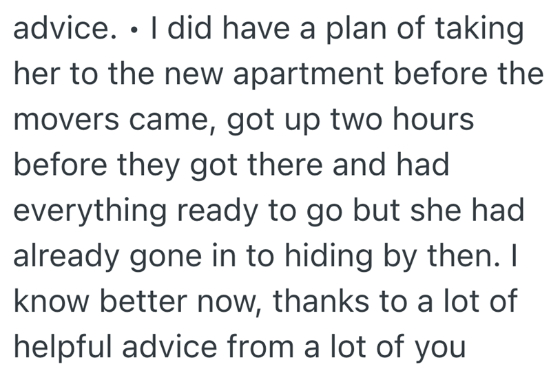 advice. I did have a plan of taking • her to the new apartment before the movers came, got up two hours before they got there and had everything ready to go but she had already gone in to hiding by then. I know better now, thanks to a lot of helpful advice from a lot of you