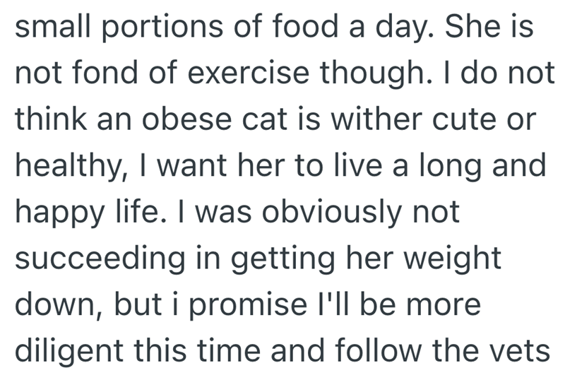 small portions of food a day. She is not fond of exercise though. I do not think an obese cat is wither cute or healthy, I want her to live a long and happy life. I was obviously not succeeding in getting her weight down, but i promise I'll be more diligent this time and follow the vets