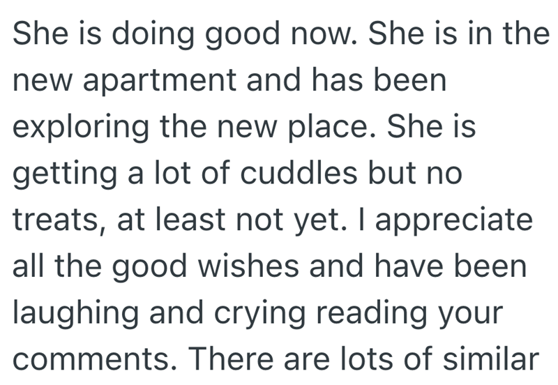 She is doing good now. She is in the new apartment and has been exploring the new place. She is getting a lot of cuddles but no treats, at least not yet. I appreciate all the good wishes and have been laughing and crying reading your comments. There are lots of similar