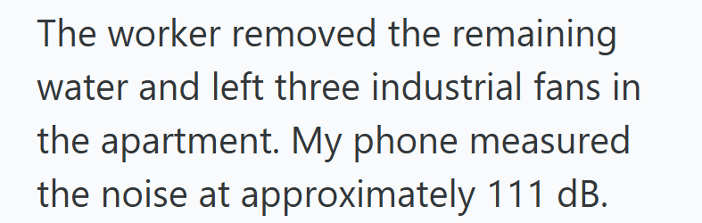 The worker removed the remaining water and left three industrial fans in the apartment. My phone measured the noise at approximately 111 dB.