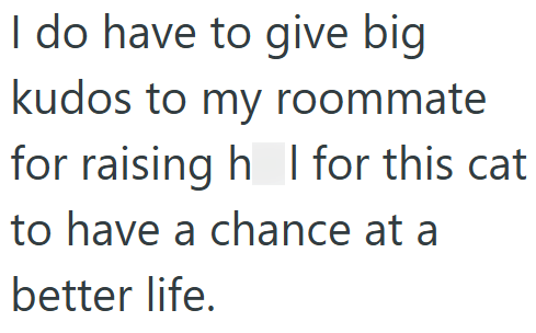 I do have to give big kudos to my roommate for raising h I for this cat to have a chance at a better life.
