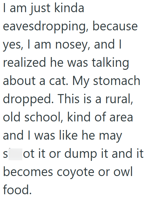 I am just kinda eavesdropping, because yes, I am nosey, and I realized he was talking about a cat. My stomach dropped. This is a rural, old school, kind of area and I was like he may sot it or dump it and it becomes coyote or owl food.