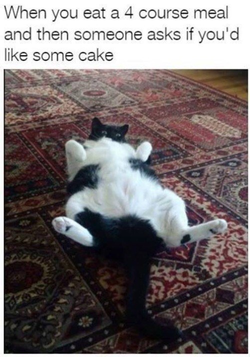 When you eat a 4 course meal and then someone asks if you'd like some cake